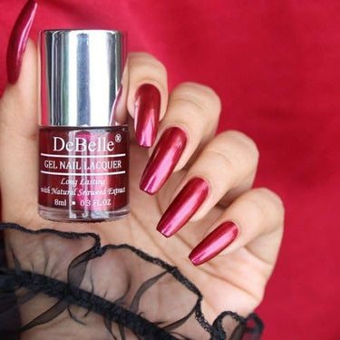 DeBelle Gel Nail Polish Antares (Deep Maroon Pearl Finish Nail Paint)|Non UV - Gel Finish |Chip Resistant | Seaweed Enriched Formula| Long Lasting|Cruelty and Toxic Free| 8ml